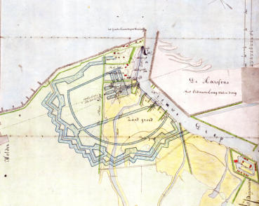 Het plan van Jan Blanken uit 1799. Ingetekend is ook een werf. Rechtsonder "Het Nieuwe Werk".Bron: RAA