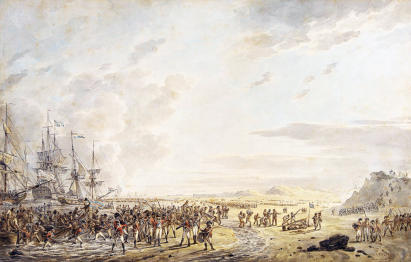 De landing van Britse troepen bij Callantsoog, schilderij uit 1799 door Dirk Langendijk. Bron Wikipedia